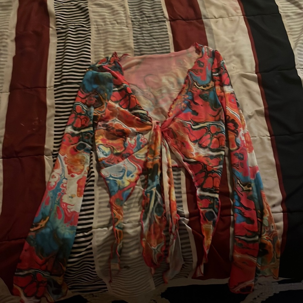 Multi colored long sleeve tie up crop top